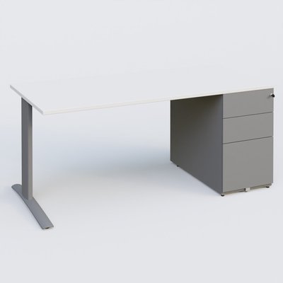[Pas de famille] - [Pas de sous famille] - K1 Plateau droit 180x80 avec caisson métal porteur sous plateau à droite. Plateau Blanc et pietement Aluminium