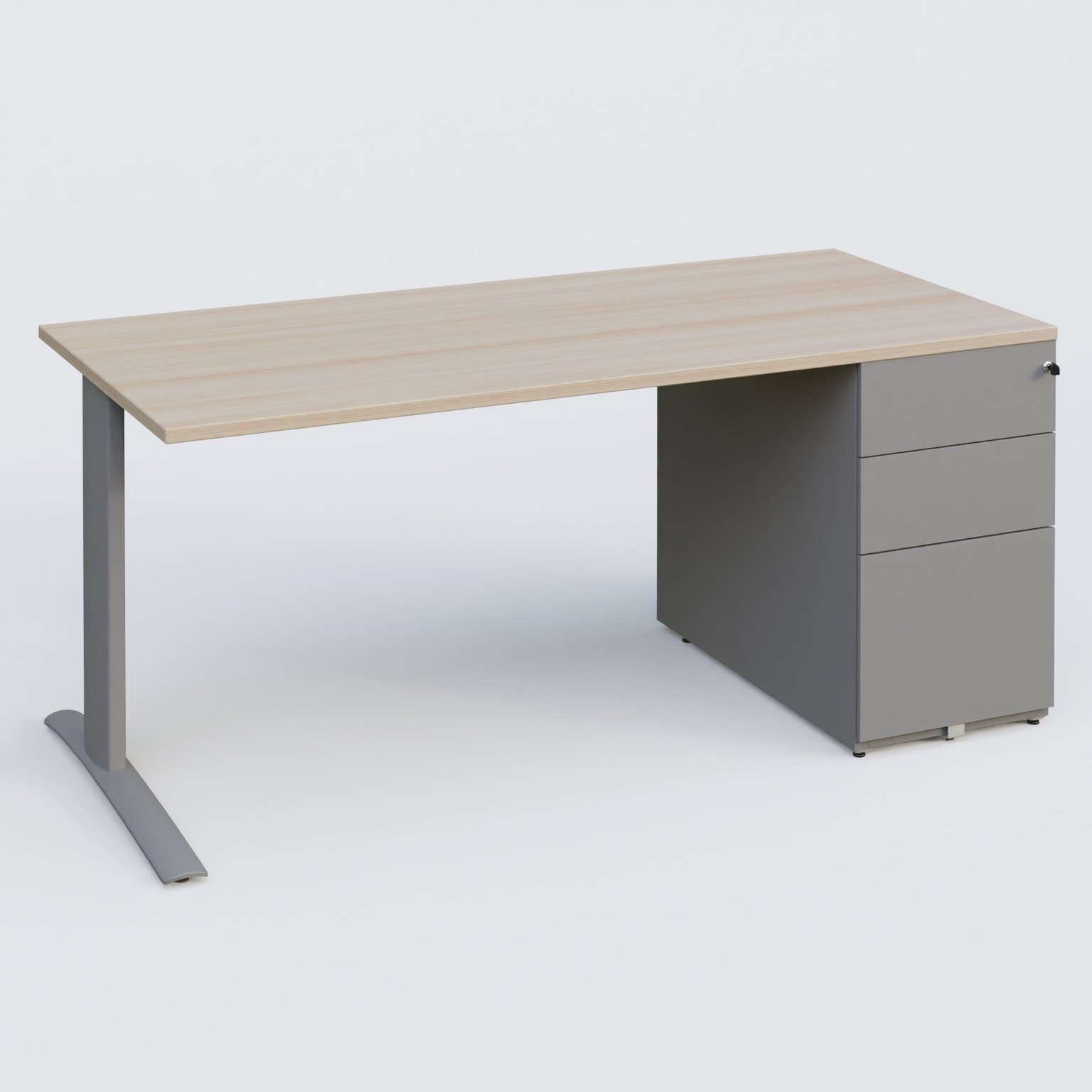 K1 Plateau droit 180x80 avec caisson métal porteur sous plateau à droite. Plateau Acacia et pietement Aluminium