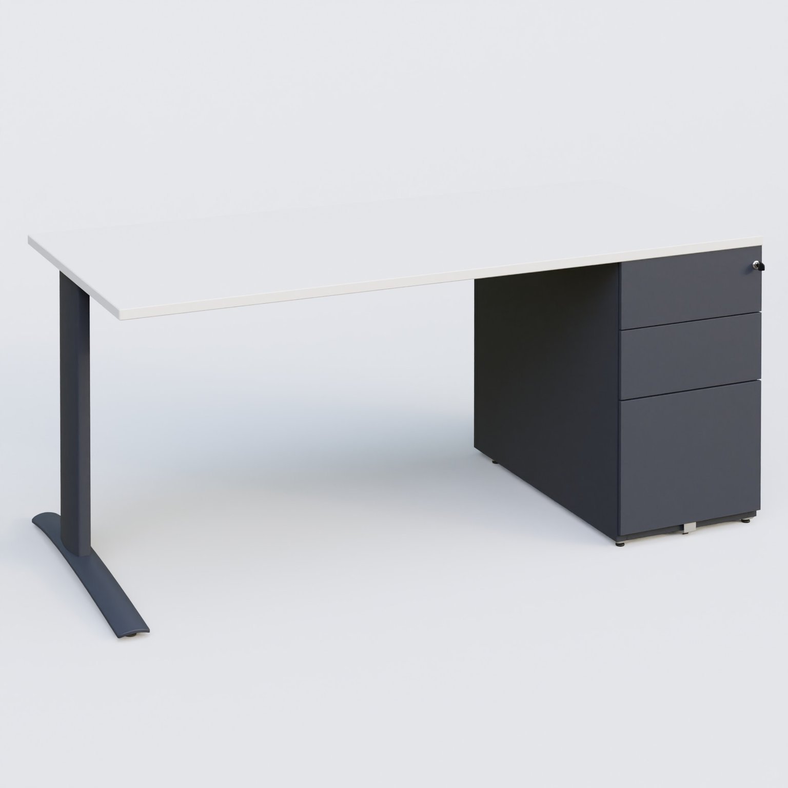 K1 Plateau droit 180x80 avec caisson métal porteur sous plateau à droite. Plateau Blanc et pietement Anthracite