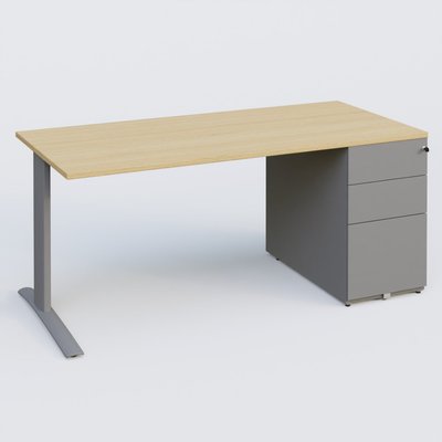 [Pas de famille] - [Pas de sous famille] - K1 Plateau droit 180x80 avec caisson métal porteur sous plateau à droite. Plateau Chêne clair et pietement Aluminium