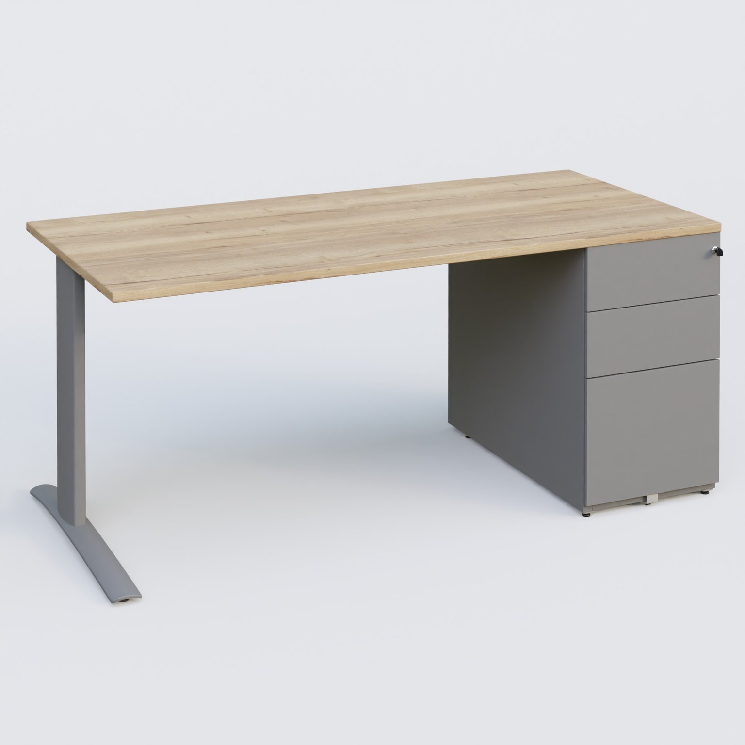 K1 Plateau droit 180x80 avec caisson métal porteur sous plateau à droite. Plateau Chêne naturel et pietement Aluminium