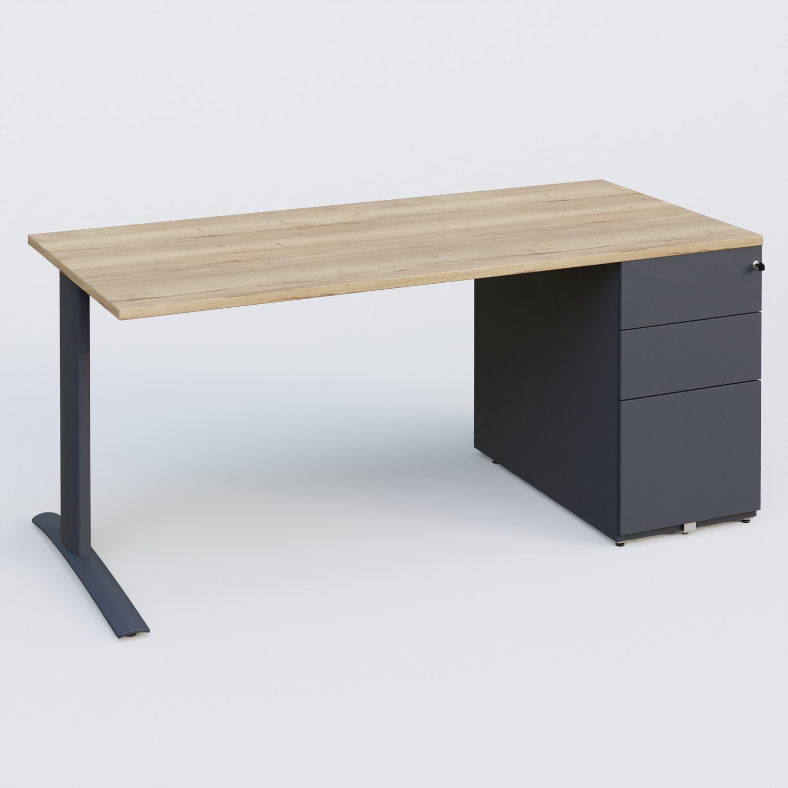 K1 Plateau droit 180x80 avec caisson métal porteur sous plateau à droite. Plateau Chêne naturel et pietement Anthracite