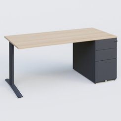 [Pas de famille] - [Pas de sous famille] - K1 Plateau droit 180x80 avec caisson métal porteur sous plateau à droite. Plateau Hêtre et pietement Anthracite
