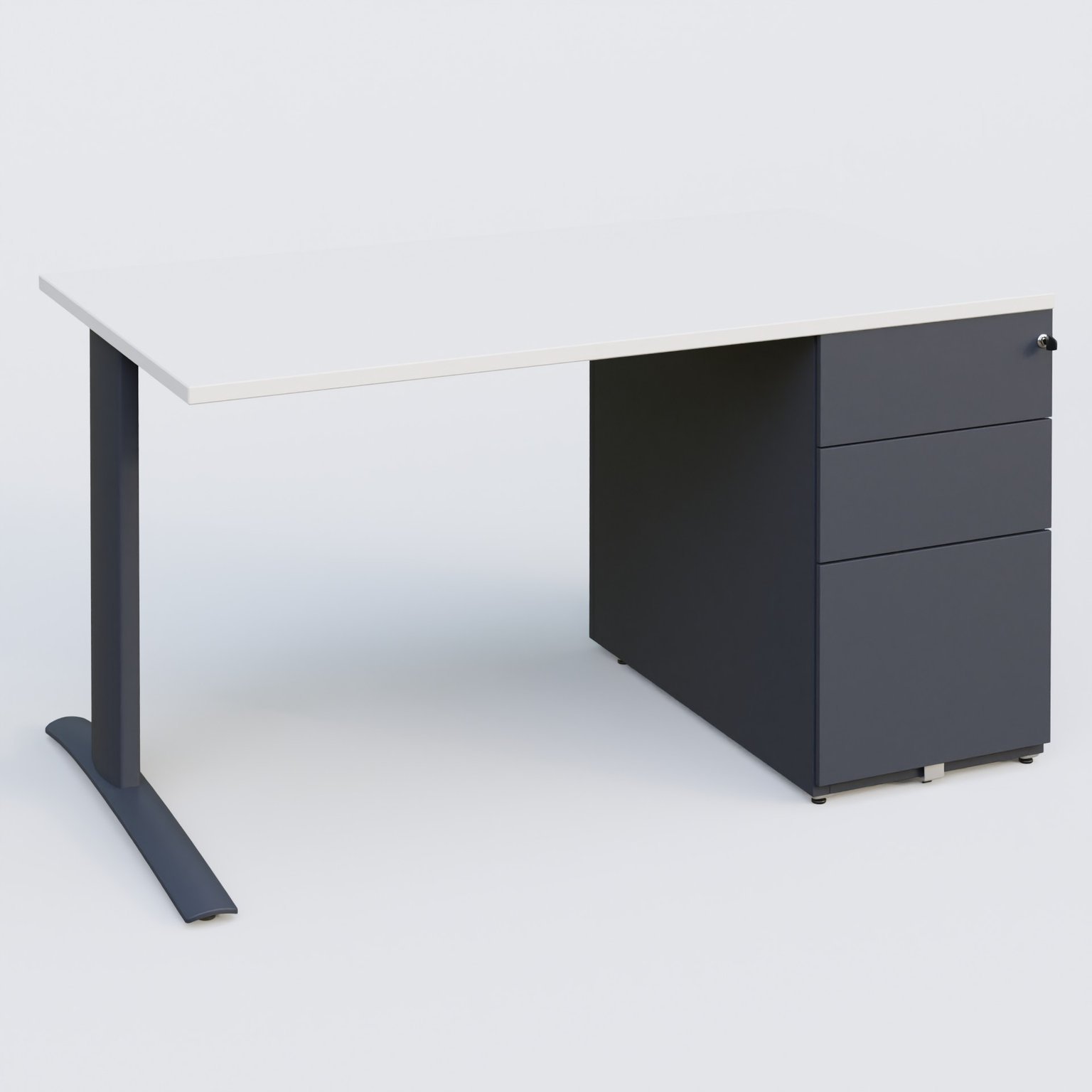 K1 Plateau droit 140x80 avec caisson métal porteur sous plateau à droite. Plateau Blanc et pietement Anthracite