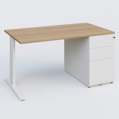 [Pas de famille] - [Pas de sous famille] - K1 Plateau droit 140x80 avec caisson métal porteur sous plateau à droite. Plateau Noyer et pietement Blanc