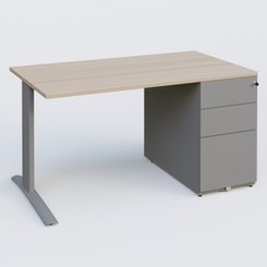 [Pas de famille] - [Pas de sous famille] - K1 Plateau droit 140x80 avec caisson métal porteur sous plateau à droite. Plateau Acacia et pietement Aluminium