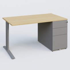 [Pas de famille] - [Pas de sous famille] - K1 Plateau droit 140x80 avec caisson métal porteur sous plateau à droite. Plateau Chêne clair et pietement Aluminium