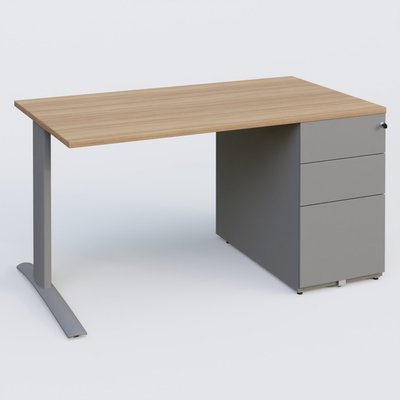 [Pas de famille] - [Pas de sous famille] - K1 Plateau droit 140x80 avec caisson métal porteur sous plateau à droite. Plateau Noyer et pietement Aluminium