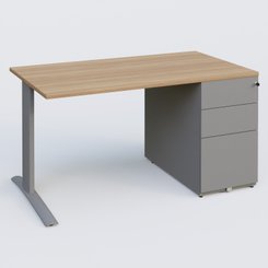 [Pas de famille] - [Pas de sous famille] - K1 Plateau droit 140x80 avec caisson métal porteur sous plateau à droite. Plateau Noyer et pietement Aluminium