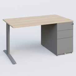[Pas de famille] - [Pas de sous famille] - K1 Plateau droit 140x80 avec caisson métal porteur sous plateau à droite. Plateau Hêtre et pietement Aluminium
