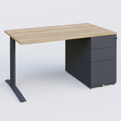 [Pas de famille] - [Pas de sous famille] - K1 Plateau droit 140x80 avec caisson métal porteur sous plateau à droite. Plateau Chêne naturel et pietement Anthracite