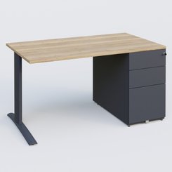 [Pas de famille] - [Pas de sous famille] - K1 Plateau droit 140x80 avec caisson métal porteur sous plateau à droite. Plateau Chêne naturel et pietement Anthracite