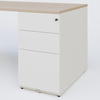 [Pas de famille] - [Pas de sous famille] - K1 Plateau droit 140x80 avec caisson métal porteur sous plateau à droite. Plateau Acacia et pietement Blanc
