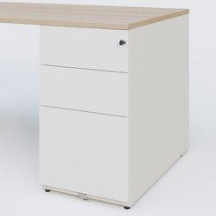 [Pas de famille] - [Pas de sous famille] - K1 Plateau droit 140x80 avec caisson métal porteur sous plateau à droite. Plateau Acacia et pietement Blanc