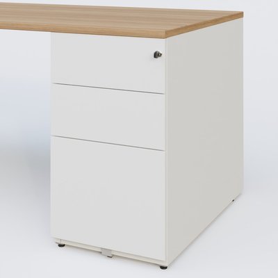 [Pas de famille] - [Pas de sous famille] - K1 Plateau droit 140x80 avec caisson métal porteur sous plateau à droite. Plateau Noyer et pietement Blanc