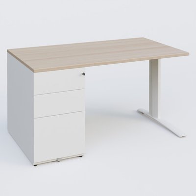[Pas de famille] - [Pas de sous famille] - K1 Plateau droit 140x80 avec caisson métal porteur sous plateau à gauche. Plateau Acacia et pietement Blanc