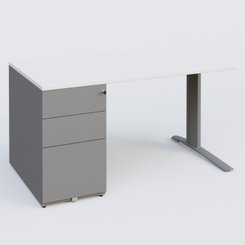 [Pas de famille] - [Pas de sous famille] - K1 Plateau droit 140x80 avec caisson métal porteur sous plateau à gauche. Plateau Blanc et pietement Aluminium