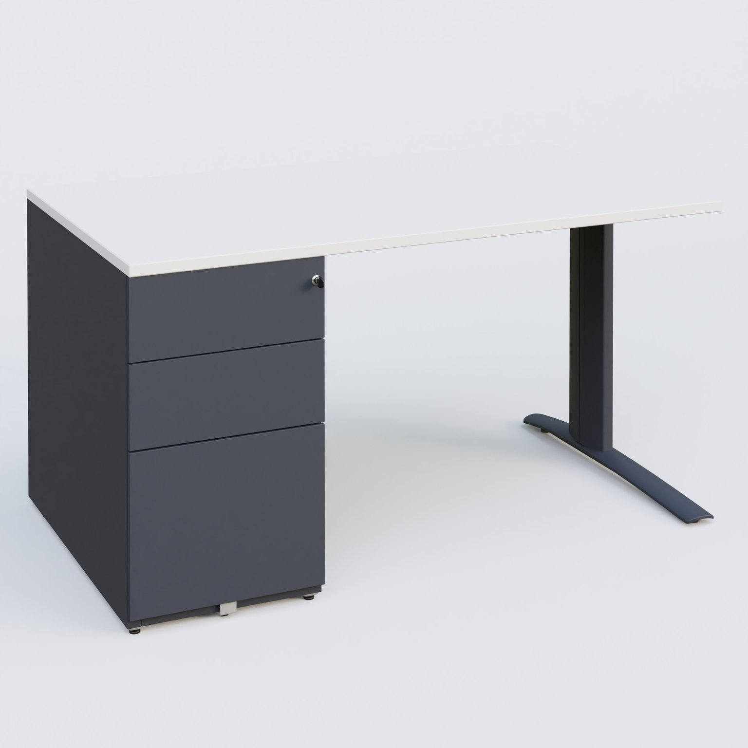 K1 Plateau droit 140x80 avec caisson métal porteur sous plateau à gauche. Plateau Blanc et pietement Anthracite