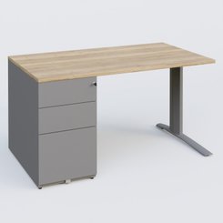 [Pas de famille] - [Pas de sous famille] - K1 Plateau droit 140x80 avec caisson métal porteur sous plateau à gauche. Plateau Chêne naturel et pietement Aluminium