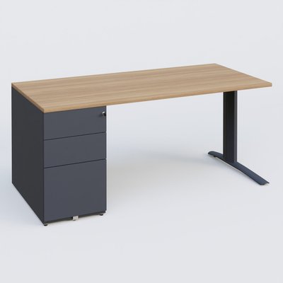 [Pas de famille] - [Pas de sous famille] - K1 Plateau droit 160x80 avec caisson métal porteur sous plateau à gauche. Plateau Noyer et pietement Anthracite