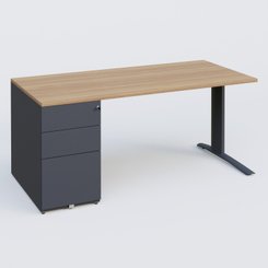 [Pas de famille] - [Pas de sous famille] - K1 Plateau droit 160x80 avec caisson métal porteur sous plateau à gauche. Plateau Noyer et pietement Anthracite