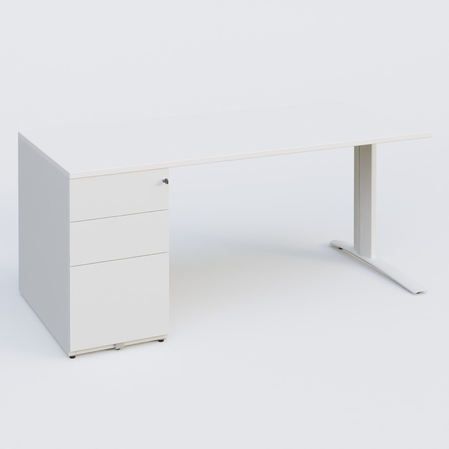 K1 Plateau droit 180x80 avec caisson métal porteur sous plateau à gauche. Plateau Blanc et pietement Blanc