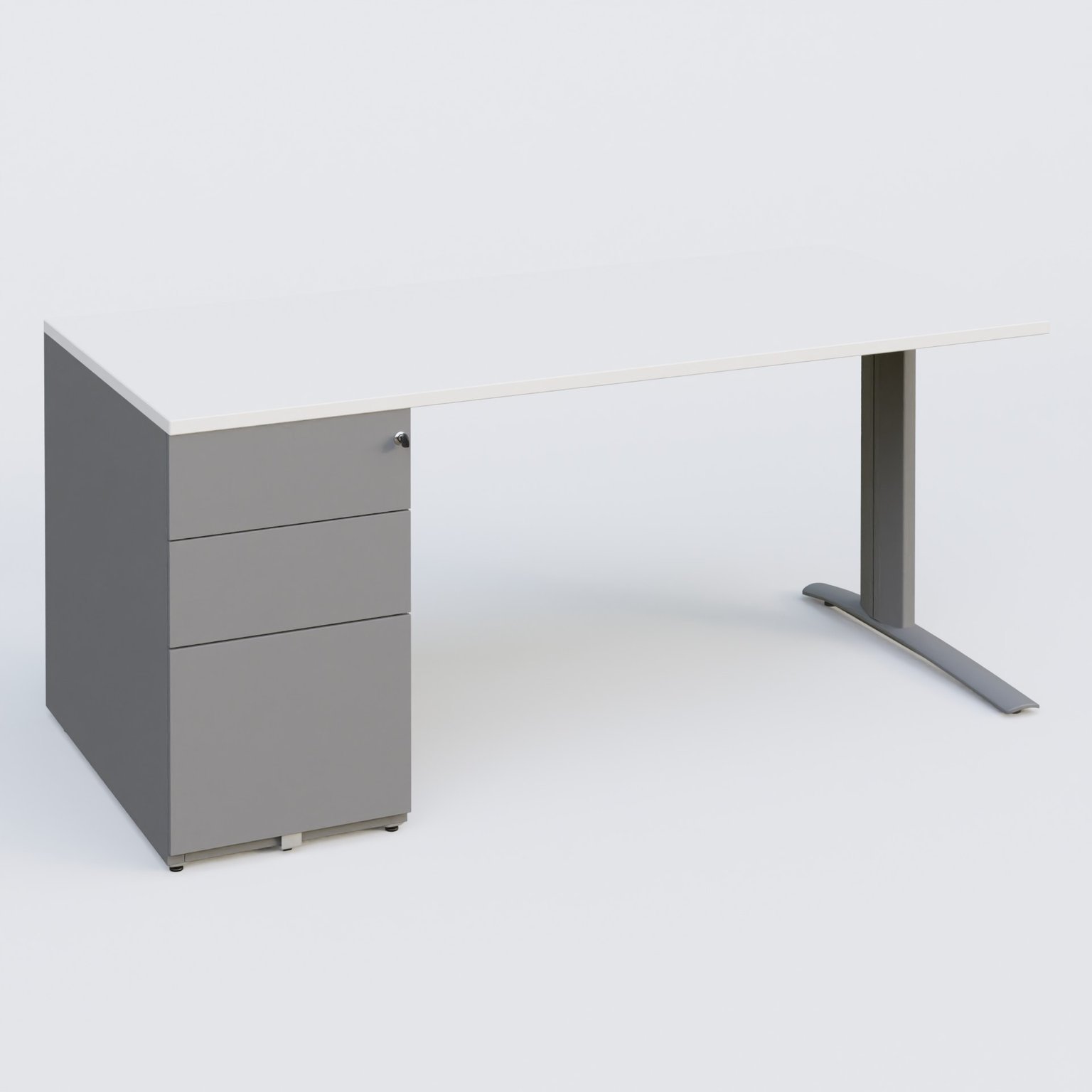 K1 Plateau droit 180x80 avec caisson métal porteur sous plateau à gauche. Plateau Blanc et pietement Aluminium