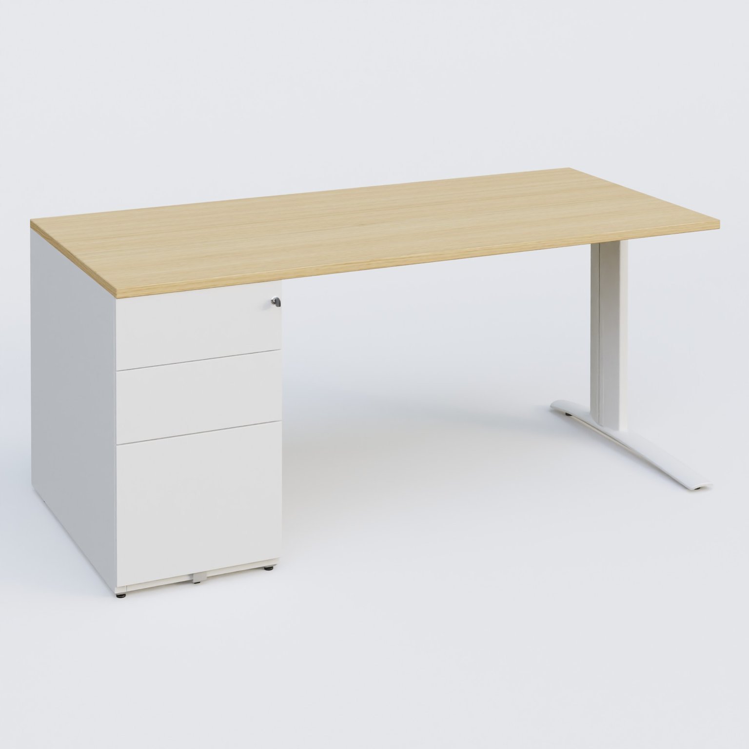 K1 Plateau droit 180x80 avec caisson métal porteur sous plateau à gauche. Plateau Chêne clair et pietement Blanc