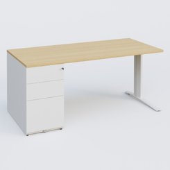 [Pas de famille] - [Pas de sous famille] - K1 Plateau droit 180x80 avec caisson métal porteur sous plateau à gauche. Plateau Chêne clair et pietement Blanc