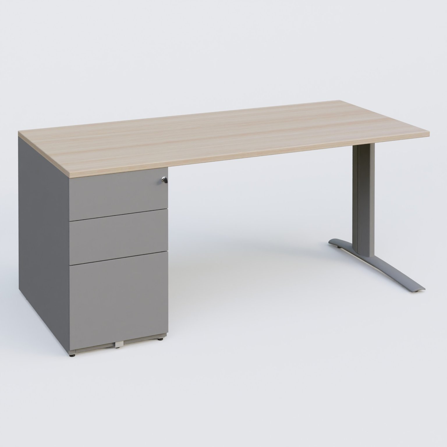 K1 Plateau droit 180x80 avec caisson métal porteur sous plateau à gauche. Plateau Acacia et pietement Aluminium