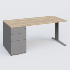 [Pas de famille] - [Pas de sous famille] - K1 Plateau droit 180x80 avec caisson métal porteur sous plateau à gauche. Plateau Chêne naturel et pietement Aluminium