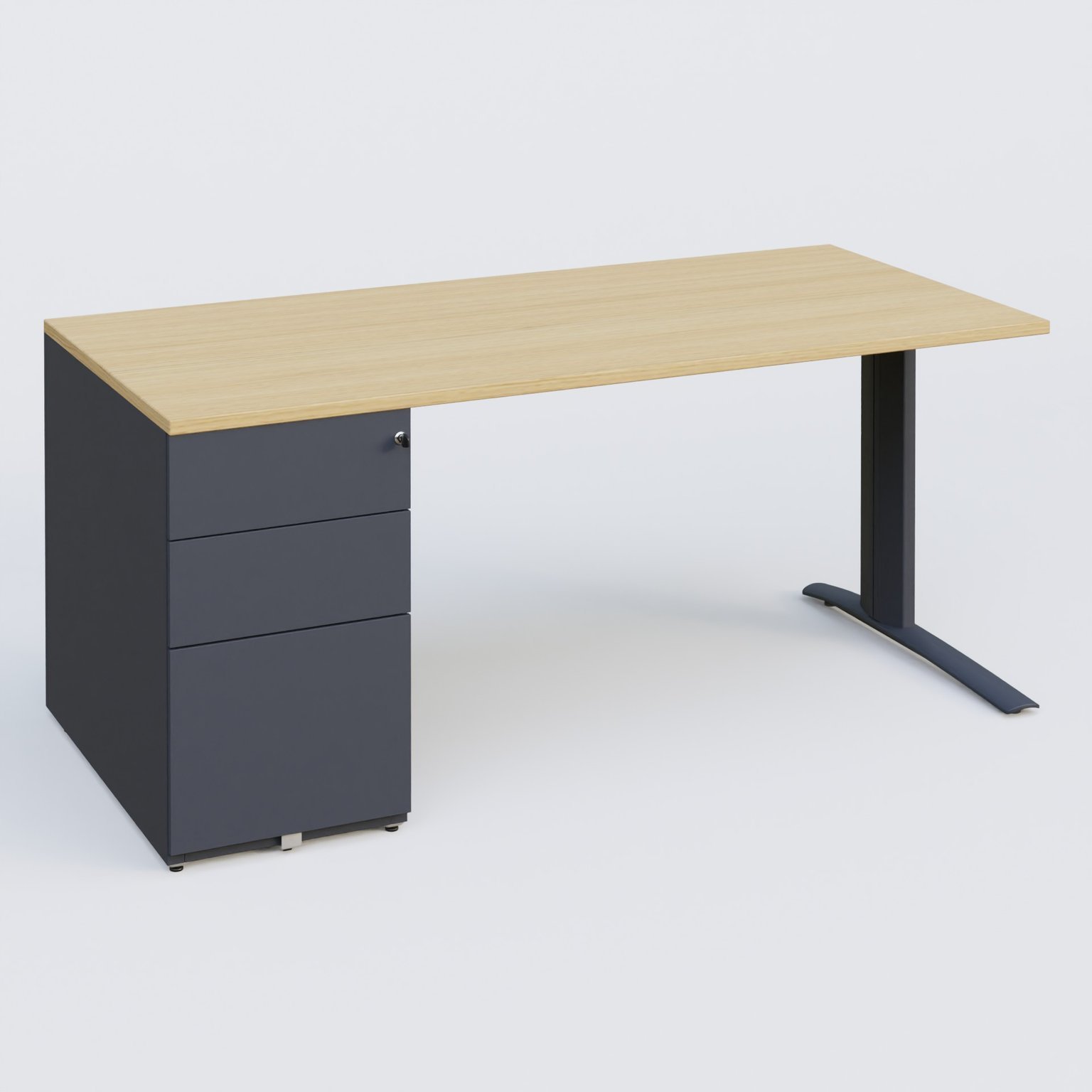 K1 Plateau droit 180x80 avec caisson métal porteur sous plateau à gauche. Plateau Chêne clair et pietement Anthracite