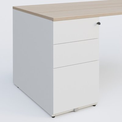 [Pas de famille] - [Pas de sous famille] - K1 Plateau droit 180x80 avec caisson métal porteur sous plateau à gauche. Plateau Acacia et pietement Blanc