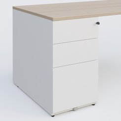 [Pas de famille] - [Pas de sous famille] - K1 Plateau droit 180x80 avec caisson métal porteur sous plateau à gauche. Plateau Acacia et pietement Blanc
