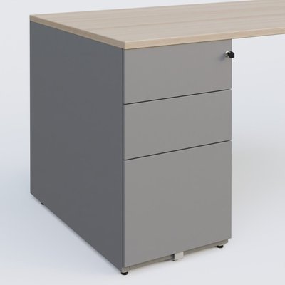 [Pas de famille] - [Pas de sous famille] - K1 Plateau droit 180x80 avec caisson métal porteur sous plateau à gauche. Plateau Acacia et pietement Aluminium
