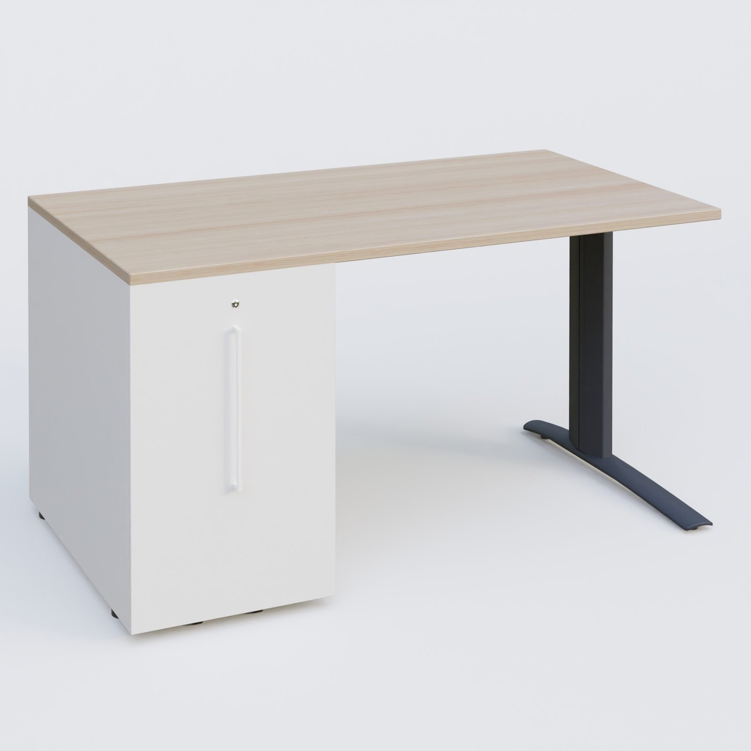 K1 Plateau droit 140x80 avec tour de rangement sous plateau à gauche. Plateau Acacia et pietement Anthracite