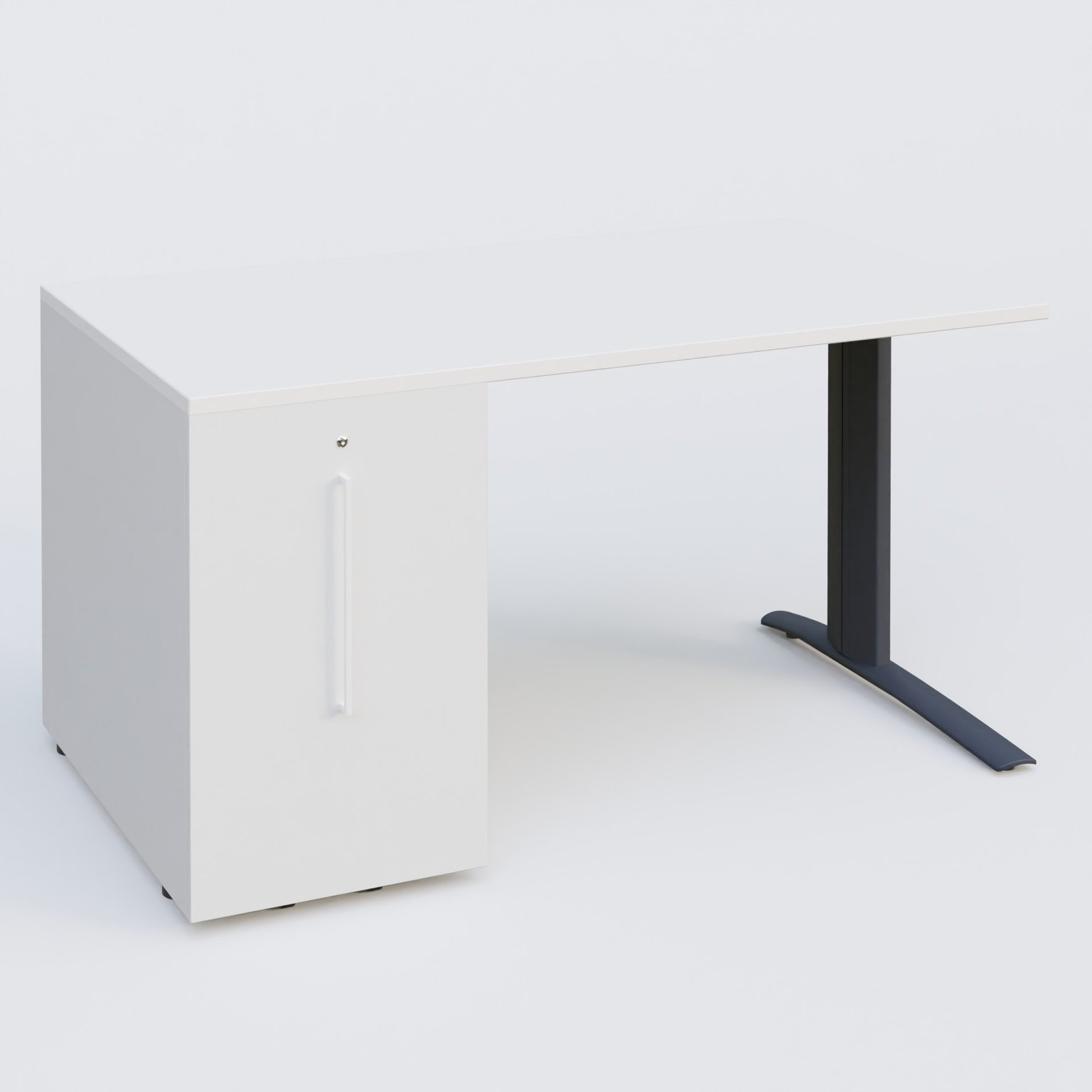 K1 Plateau droit 140x80 avec tour de rangement sous plateau à gauche. Plateau Blanc et pietement Anthracite
