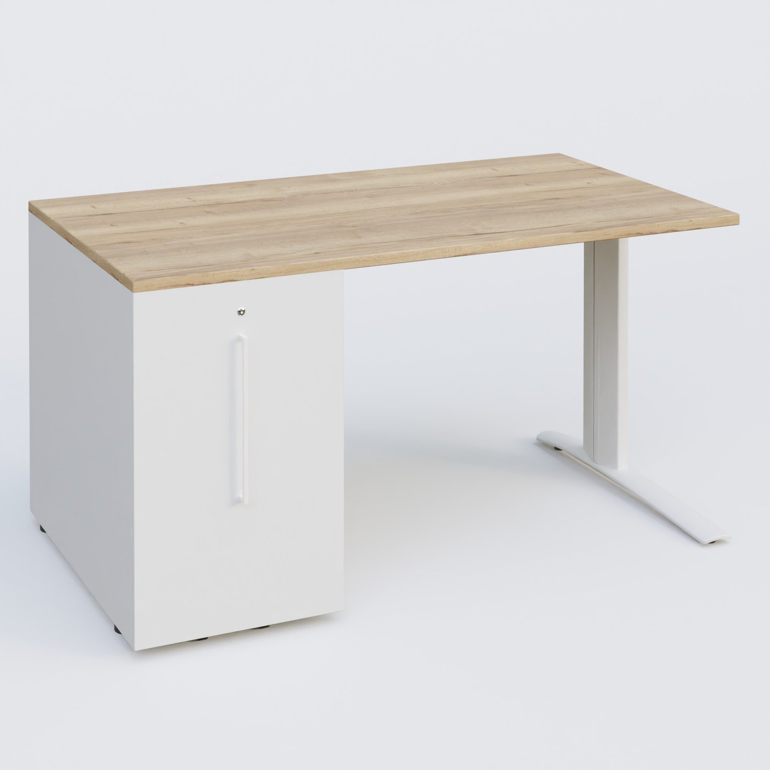 K1 Plateau droit 140x80 avec tour de rangement sous plateau à gauche. Plateau Chêne naturel et pietement Blanc