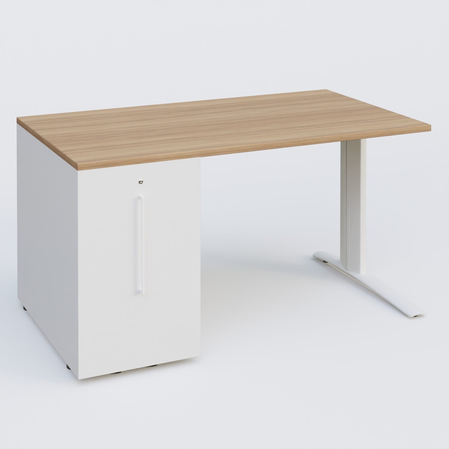K1 Plateau droit 140x80 avec tour de rangement sous plateau à gauche. Plateau Noyer et pietement Blanc