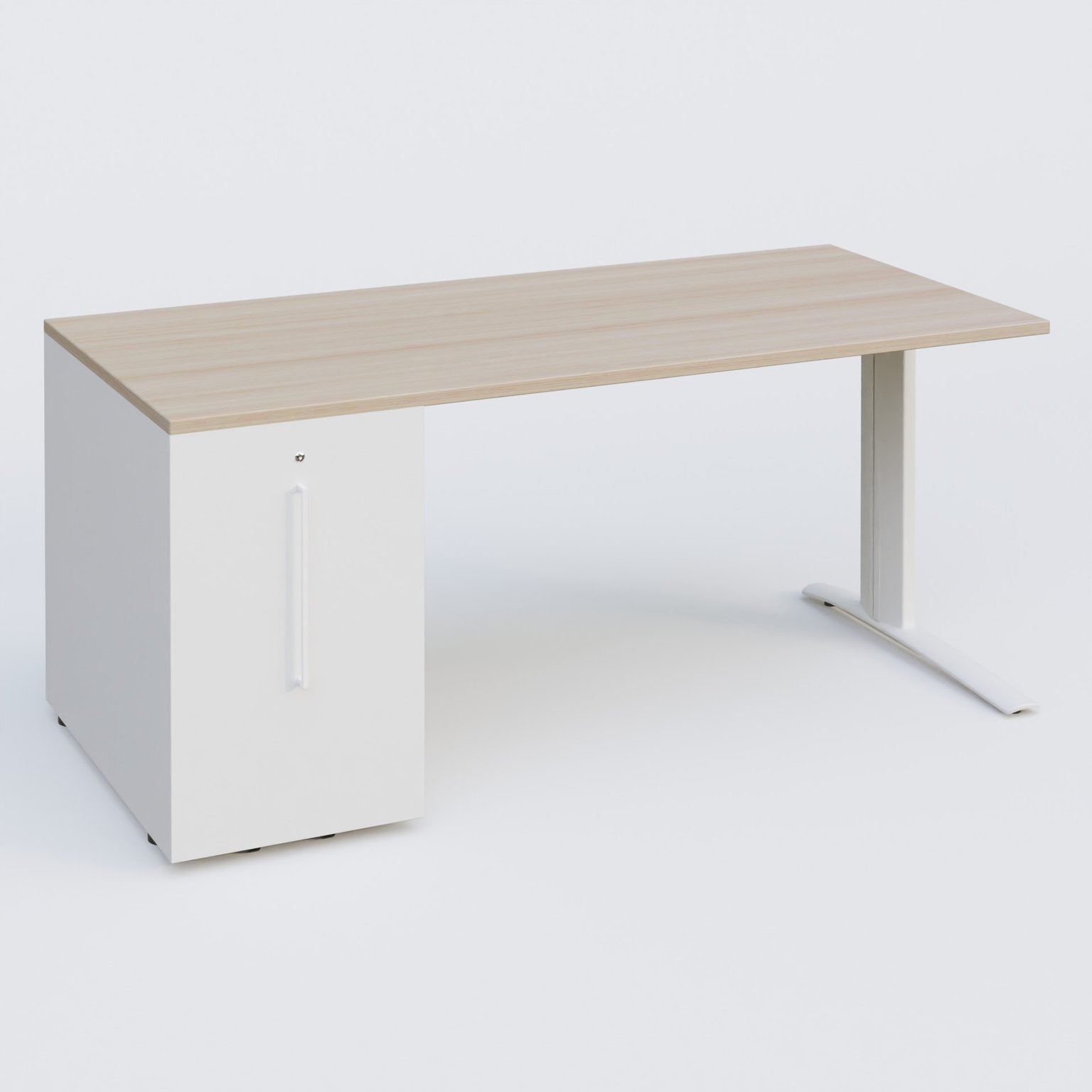 K1 Plateau droit 180x80 avec tour de rangement sous plateau à gauche. Plateau Acacia et pietement Blanc
