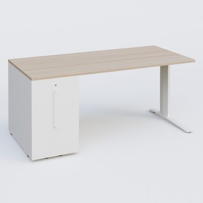 [Pas de famille] - [Pas de sous famille] - K1 Plateau droit 180x80 avec tour de rangement sous plateau à gauche. Plateau Acacia et pietement Blanc