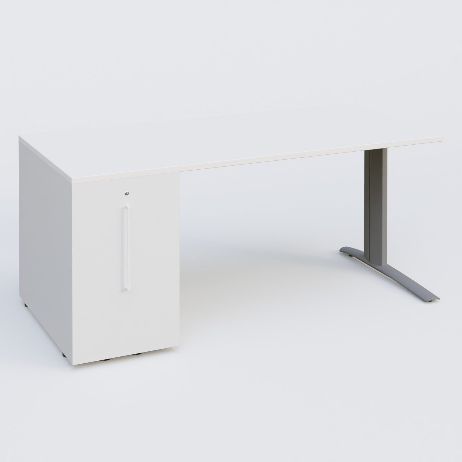 K1 Plateau droit 180x80 avec tour de rangement sous plateau à gauche. Plateau Blanc et pietement Aluminium