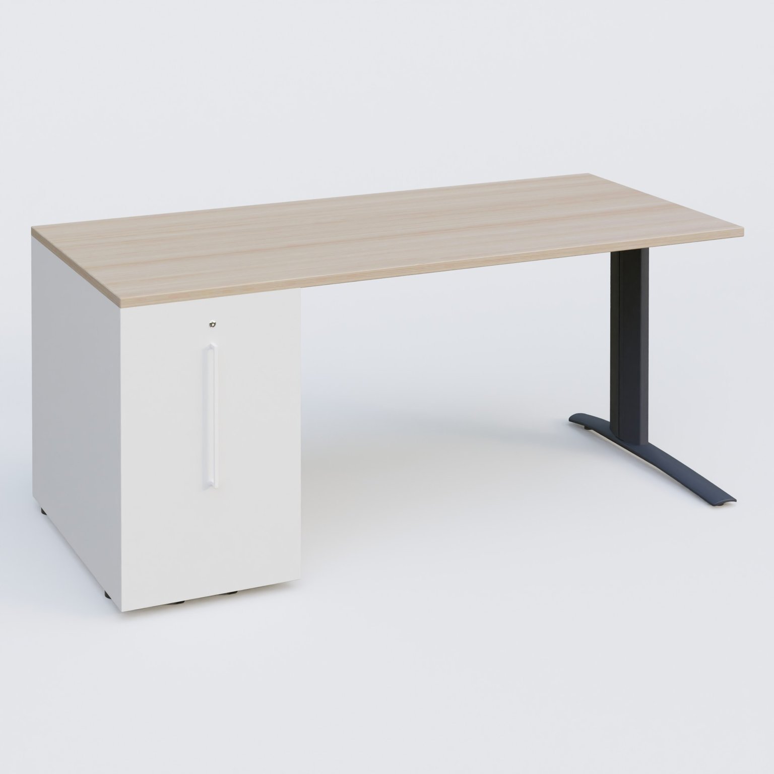 K1 Plateau droit 180x80 avec tour de rangement sous plateau à gauche. Plateau Acacia et pietement Anthracite