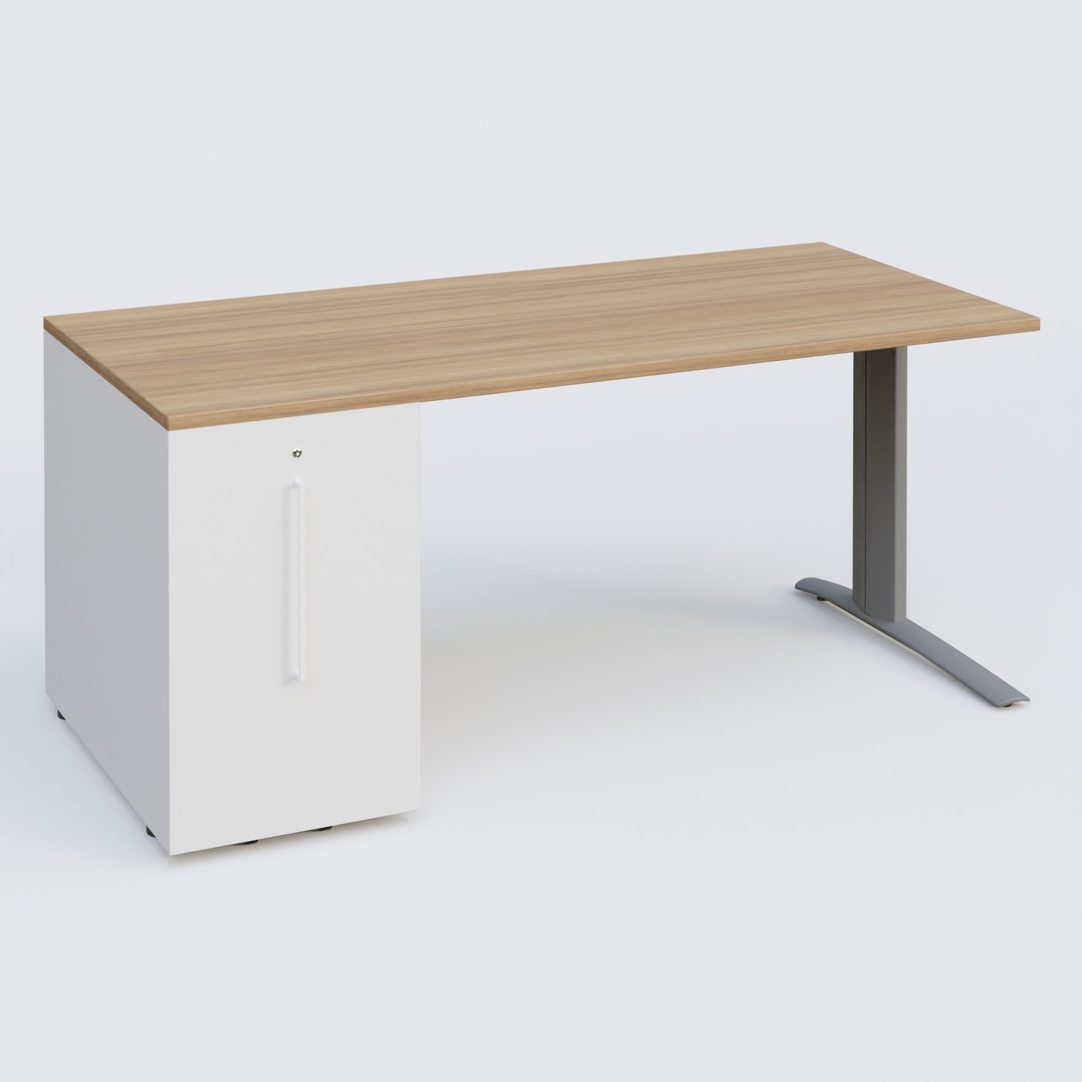 K1 Plateau droit 180x80 avec tour de rangement sous plateau à gauche. Plateau Noyer et pietement Aluminium
