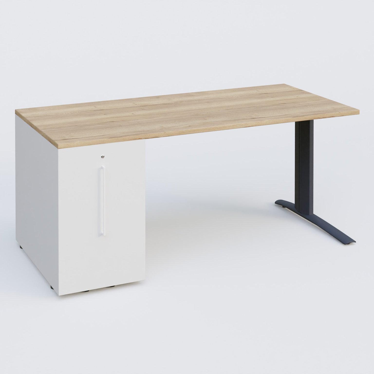 K1 Plateau droit 180x80 avec tour de rangement sous plateau à gauche. Plateau Chêne naturel et pietement Anthracite
