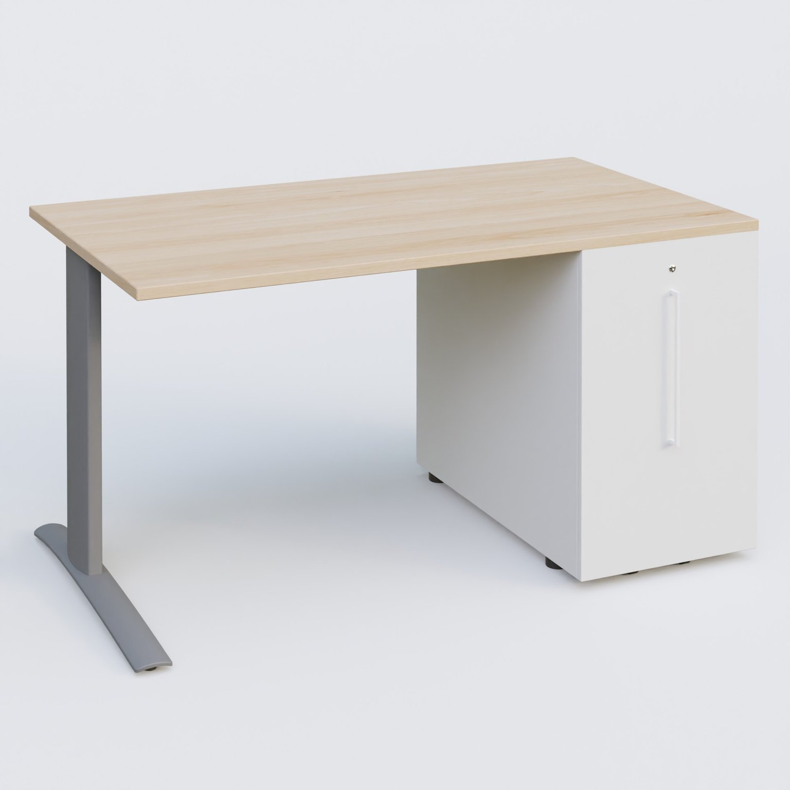 K1 Plateau droit 140x80 avec tour de rangement sous plateau à droite. Plateau Hêtre et pietement Aluminium