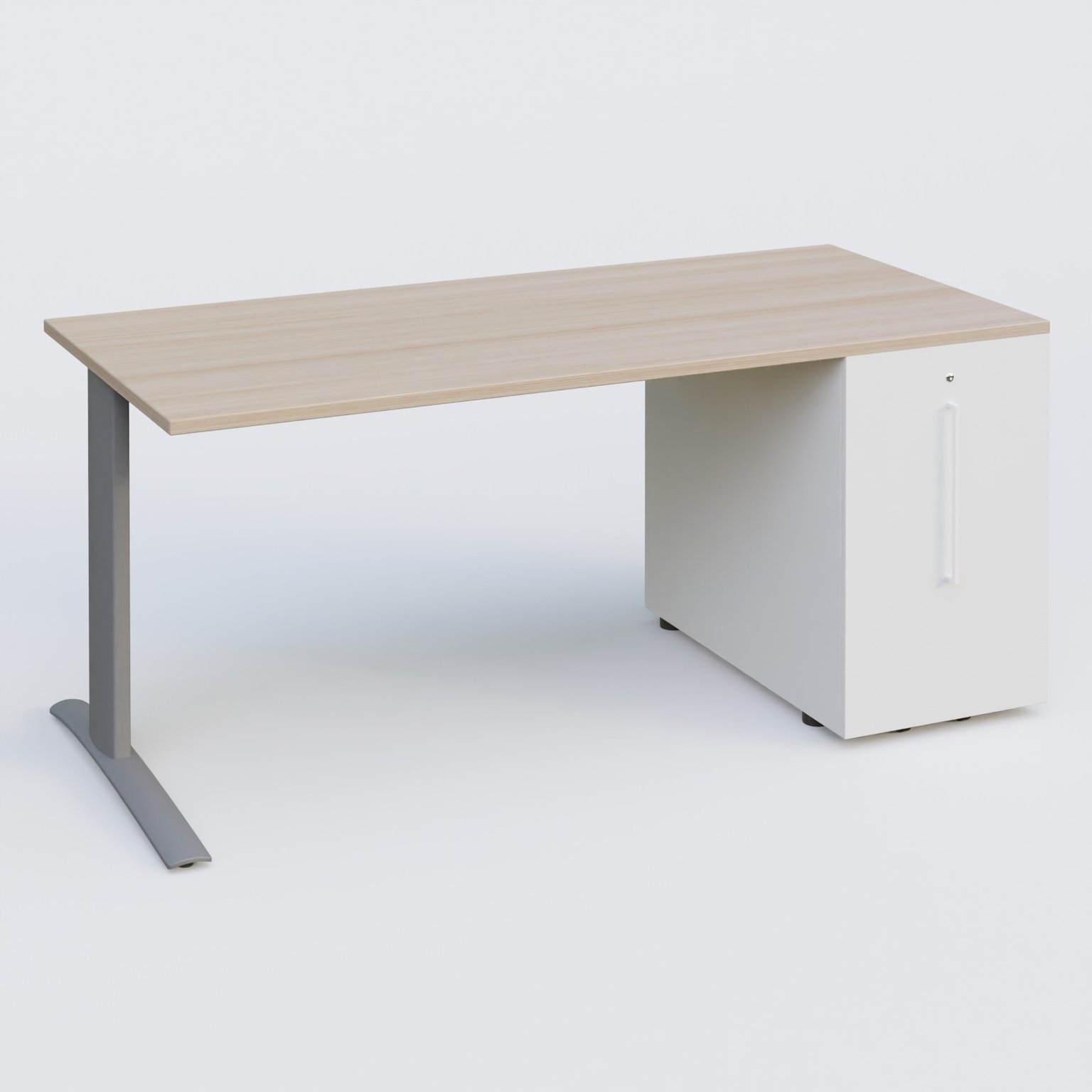 K1 Plateau droit 180x80 avec tour de rangement sous plateau à droite. Plateau Acacia et pietement Aluminium