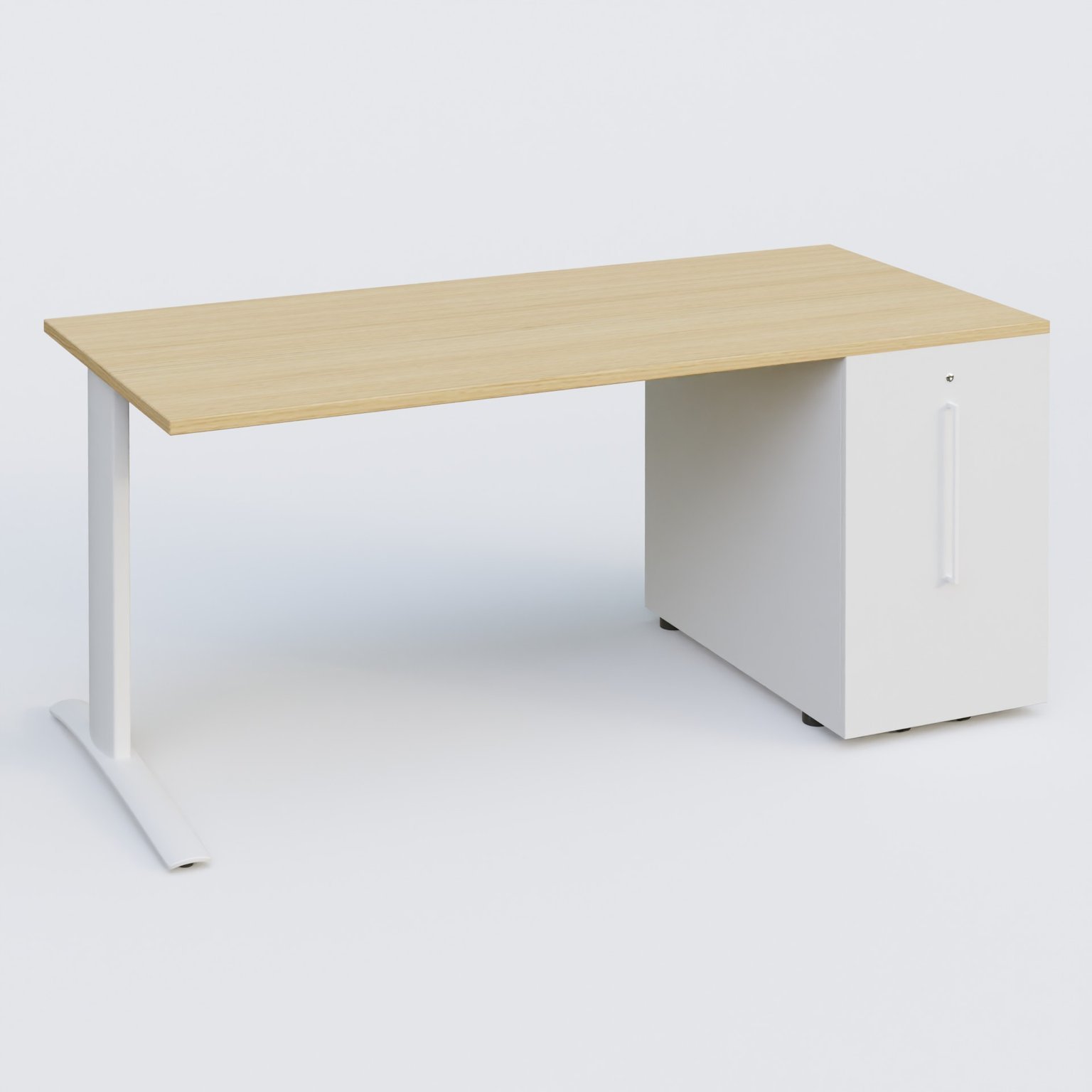 K1 Plateau droit 180x80 avec tour de rangement sous plateau à droite. Plateau Chêne clair et pietement Blanc