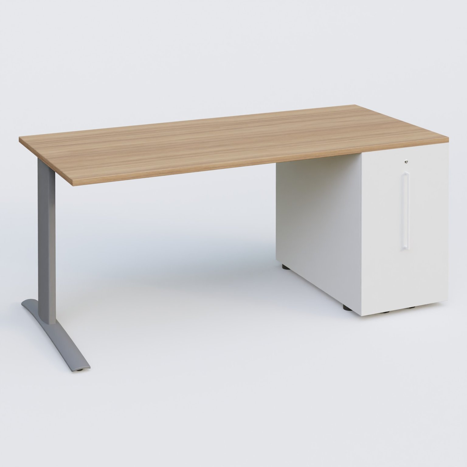 K1 Plateau droit 180x80 avec tour de rangement sous plateau à droite. Plateau Noyer et pietement Aluminium