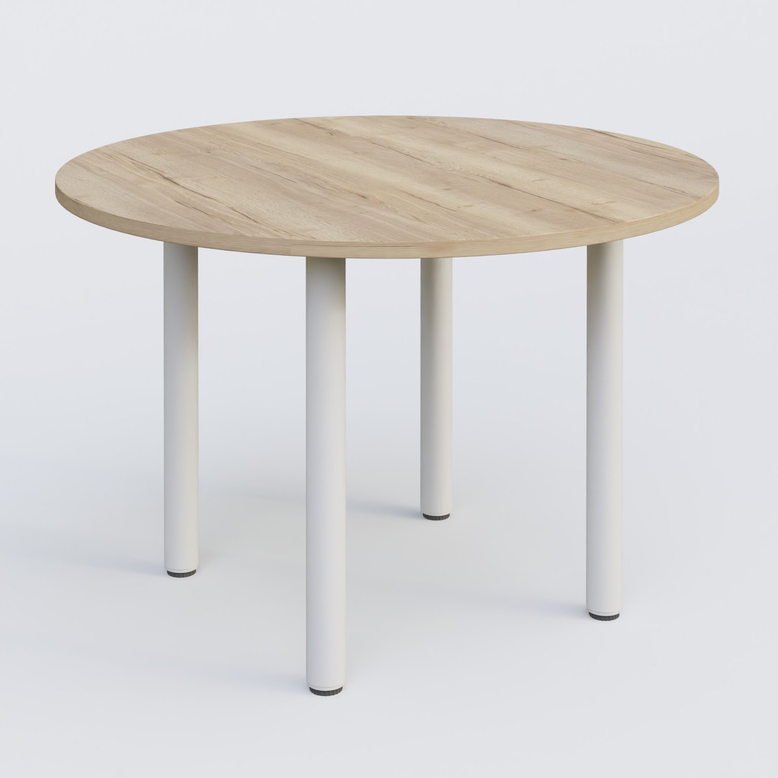 Table ronde diametre 110 cm avec quatres pieds fixes. Plateau Chêne naturel et pietement Blanc